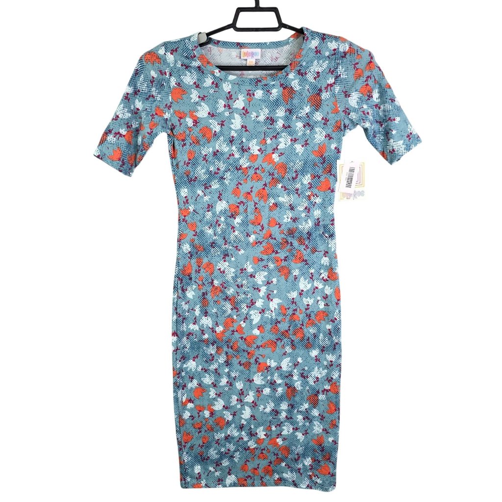 Womens Lularoe Blue & Orange Julia T Shirt Dress Short Sleeve Crew Neck Size Xxs